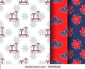 Set of seamless Christmas gift patterns with stars, sledge and box of present, holly, poinsettia. Line art vector illustrations. Clean minimalistic style
