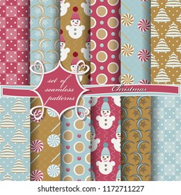 Set of seamless Christmas illustrations. Abstract vector paper with Christmas symbols and elements of Christmas design