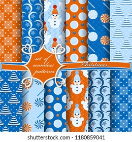 Set of seamless Christmas illustrations. Abstract vector paper with Christmas symbols and elements of Christmas design