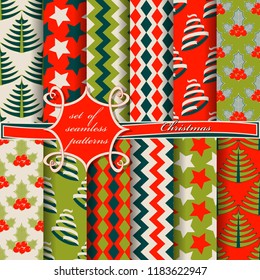 Set of seamless Christmas illustrations. Abstract vector paper with Christmas symbols and elements of Christmas design