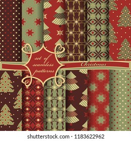 Set of seamless Christmas illustrations. Abstract vector paper with Christmas symbols and elements of Christmas design