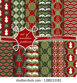 Set of seamless Christmas illustrations. Abstract vector paper with Christmas symbols and elements of Christmas design