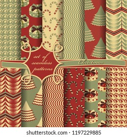 Set of seamless Christmas illustrations. Abstract vector paper with Christmas symbols and elements of Christmas design