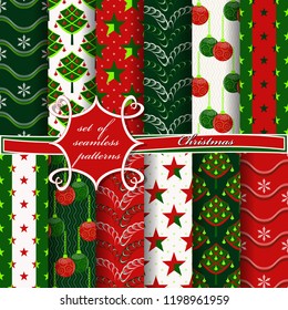 Set of seamless Christmas illustrations. Abstract vector paper with Christmas symbols and elements of Christmas design