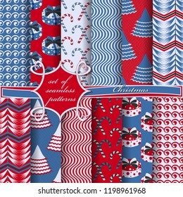 Set of seamless Christmas illustrations. Abstract vector paper with Christmas symbols and elements of Christmas design