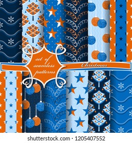 Set of seamless Christmas illustrations. Abstract vector paper with Christmas symbols and elements of Christmas design