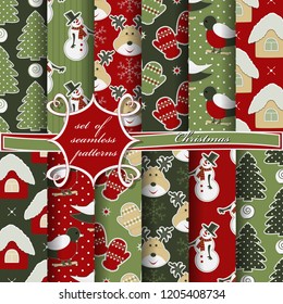Set of seamless Christmas illustrations. Abstract vector paper with Christmas symbols and elements of Christmas design