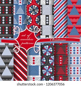 Set of seamless Christmas illustrations. Abstract vector paper with Christmas symbols and elements of Christmas design