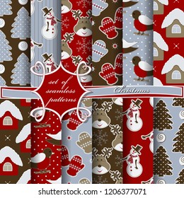 Set of seamless Christmas illustrations. Abstract vector paper with Christmas symbols and elements of Christmas design