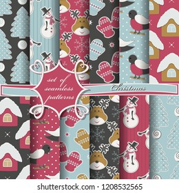 Set of seamless Christmas illustrations. Abstract vector paper with Christmas symbols and elements of Christmas design