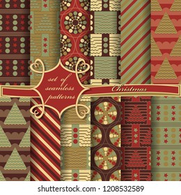 Set of seamless Christmas illustrations. Abstract vector paper with Christmas symbols and elements of Christmas design