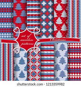 Set of seamless Christmas illustrations. Abstract vector paper with Christmas symbols and elements of Christmas design