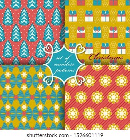 Set of seamless Christmas illustrations. Abstract vector paper with Christmas symbols and elements of Christmas design