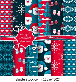 Set of seamless Christmas illustrations. Abstract vector paper with Christmas symbols and elements of Christmas design