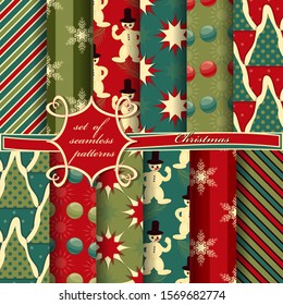 Set of seamless Christmas illustrations. Abstract vector paper with Christmas symbols and elements of Christmas design