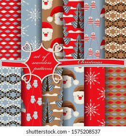 Set of seamless Christmas illustrations. Abstract vector paper with Christmas symbols and elements of Christmas design