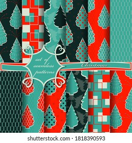 Conjunto de ilustraciones navideñas impecables. Papel vector abstracto con árboles de Navidad, símbolos y elementos de diseño navideño