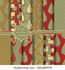 Set of seamless Christmas illustrations. Abstract vector paper with Christmas trees, symbols and elements of Christmas design