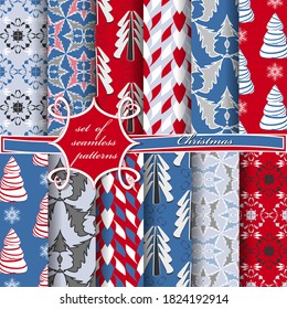 Set of seamless Christmas illustrations. Abstract vector paper with Christmas trees, symbols and elements of Christmas design