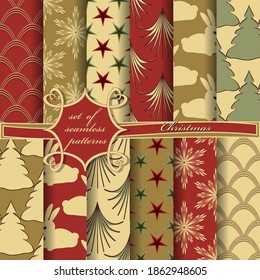 Set of seamless Christmas illustrations. Abstract vector paper with Christmas trees, symbols and elements of Christmas design