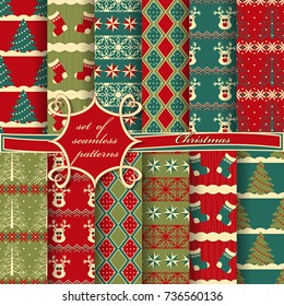 Set of seamless christmas illustrations. Abstract vector paper with Christmas symbols and design elements for scrapbook