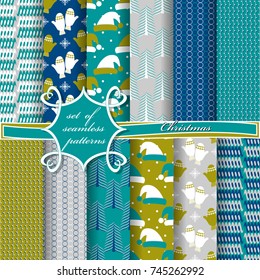 Set of seamless christmas illustrations. Abstract vector paper with Christmas symbols and design elements for scrapbook