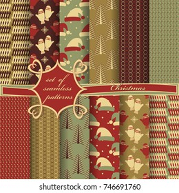 Set of seamless christmas illustrations. Abstract vector paper with Christmas symbols and design elements for scrapbook