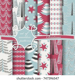 Set of seamless christmas illustrations. Abstract vector paper with Christmas symbols and design elements for scrapbook