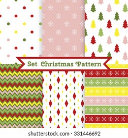 A set of seamless Christmas pattern. Illustration of a Christmas tree, snow. Traditional colors. Perfect for wallpapers, background, textile, Christmas and New Year greeting cards