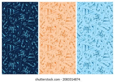 set of seamless Christmas patterns from bright illustrations, sketches by hand. template for Christmas or New Year's design