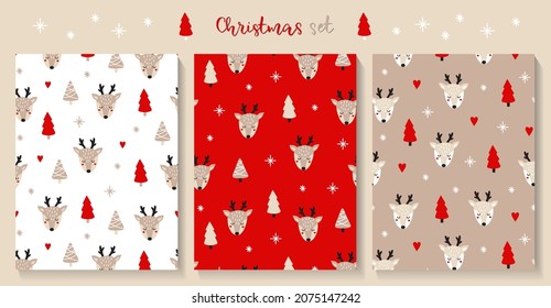 Set of seamless Christmas patterns with cute deer and spruce in scandinavian style. 
