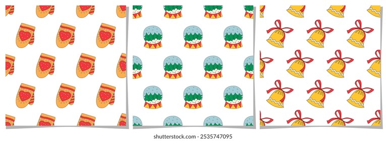 Set of seamless Christmas patterns with festive mittens, snow globes, and bells. New Year vector backgrounds. Perfect for holiday wrapping paper, Xmas textiles, and seasonal decor. White background.