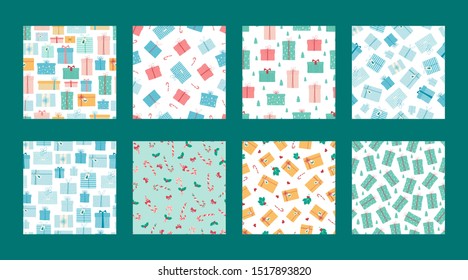 Set of seamless Christmas patterns with gift boxes, mistletoe, candy cane, bow in hand drawn style. Festive background for wrapping paper, Wallpaper, fabric. vector illustration