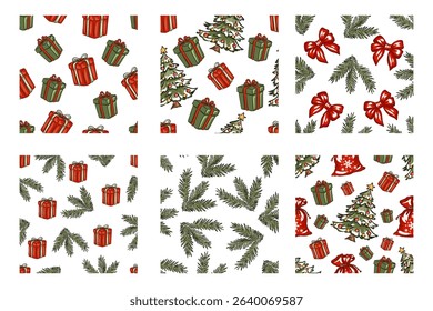Set of seamless Christmas patterns with gifts, fir branches, bows, and decorations vector illustration