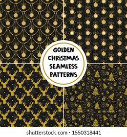 Set of seamless Christmas patterns with golden holiday elements on black background; Christmas design for greeting card, gift box, wallpaper, wrapping paper, package, fabric, web design.