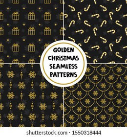Set of seamless Christmas patterns with golden holiday elements on black background; Christmas design for greeting card, gift box, wallpaper, wrapping paper, package, fabric, web design.