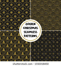 Set of seamless Christmas patterns with golden holiday elements on black background; Christmas design for greeting card, gift box, wallpaper, wrapping paper, package, fabric, web design.