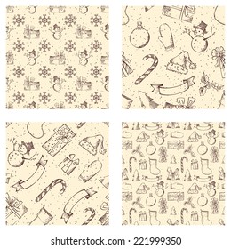 Set of seamless Christmas patterns. Hand-drawn pencil backgrounds for your Christmas design in sepia.