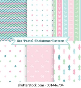 A set of seamless Christmas patterns. Illustration of a Christmas tree, snow. Pastel colors. Perfect for wallpapers, background, textile, Christmas and New Year greeting cards
