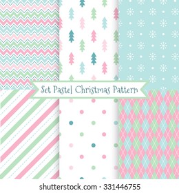 A set of seamless Christmas patterns. Illustration of a Christmas tree, snow. Pastel colors. Perfect for wallpapers, background, textile, Christmas and New Year greeting cards