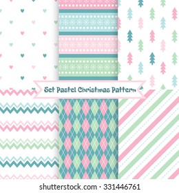 A set of seamless Christmas patterns. Illustration of a Christmas tree, snow, zig-zag. Pastel colors. Perfect for wallpapers, background, textile, Christmas and New Year greeting cards