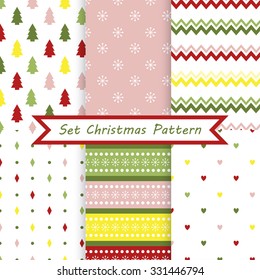 A set of seamless Christmas patterns. Illustration of a Christmas tree, snow, zig-zag. Traditional colors. Perfect for wallpapers, background, textile, Christmas and New Year greeting cards