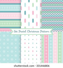 A set of seamless Christmas patterns. Illustration of a Christmas tree, snow, zig-zag. Pastel colors. Perfect for wallpapers, background, textile, Christmas and New Year greeting cards