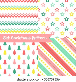 Set of seamless Christmas patterns. Illustration of a Christmas tree, snow, zig-zag. traditional New Year colors. Perfect for wallpapers, background, textile, Christmas and New Year greeting cards