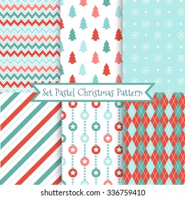 Set of seamless Christmas patterns. Illustration of a Christmas tree, snow, zig-zag. traditional New Year colors. Perfect for wallpapers, background, textile, Christmas and New Year greeting cards