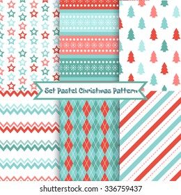 Set of seamless Christmas patterns. Illustration of a Christmas tree, snow, zig-zag. traditional New Year colors. Perfect for wallpapers, background, textile, Christmas and New Year greeting cards