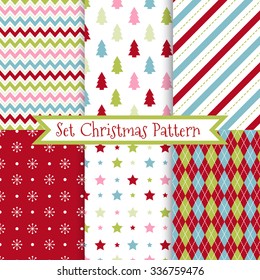 Set of seamless Christmas patterns. Illustration of a Christmas tree, snow, zig-zag. traditional New Year colors. Perfect for wallpapers, background, textile, Christmas and New Year greeting cards