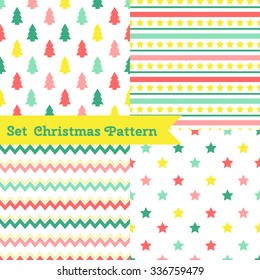 Set of seamless Christmas patterns. Illustration of a Christmas tree, snow, zig-zag. traditional New Year colors. Perfect for wallpapers, background, textile, Christmas and New Year greeting cards