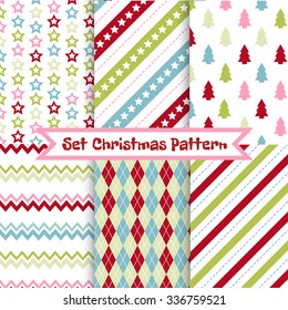 Set of seamless Christmas patterns. Illustration of a Christmas tree, snow, zig-zag. traditional New Year colors. Perfect for wallpapers, background, textile, Christmas and New Year greeting cards