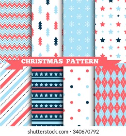 Set of seamless Christmas patterns. Illustration of a Christmas tree, snow, zig-zag. traditional New Year colors. Perfect for wallpapers, background, textile, Christmas and New Year greeting cards